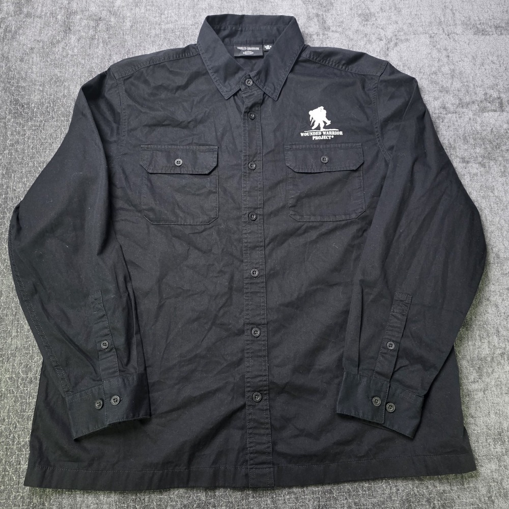 Harley Davidson Shirt Mens XL Black Button Down Wounded Warrior Project Logo - Picture 2 of 11